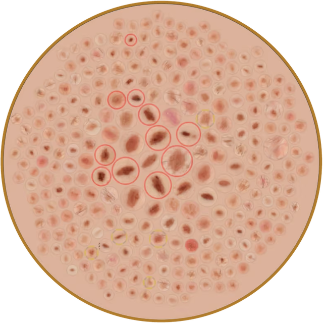 Map of every mole on the body, with moles that need attention circled